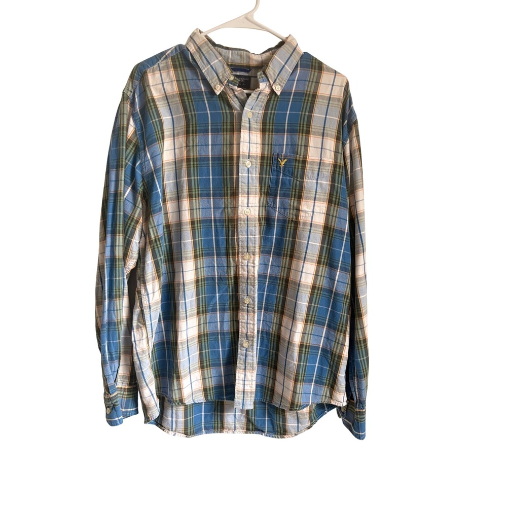 American Eagle Outfitters Mens Blue Green Plaid Cotton Button Down Shirt Large